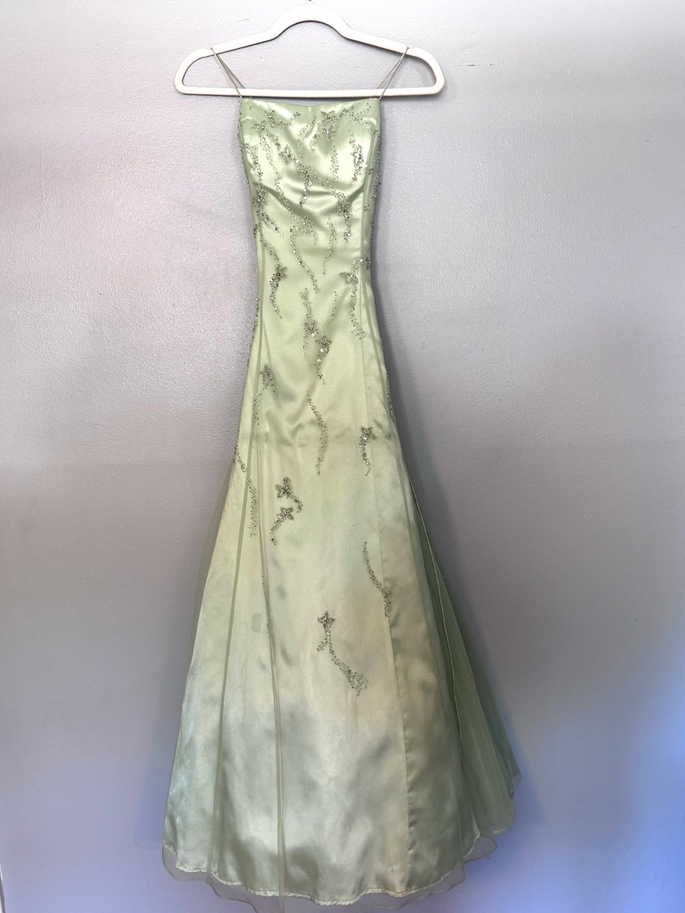 Y2K Mint Green Beaded Satin Prom Dress | Corset Back | Size 2-6 | Worn Once